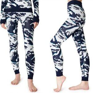 Sweaty Betty Ski Base Layer Leggings Zebra Blue Peaks Jacquard White Navy